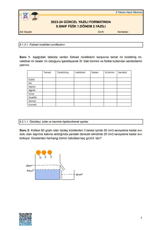 9.sınıf fizik 1.dönem 2.yazılı örneği